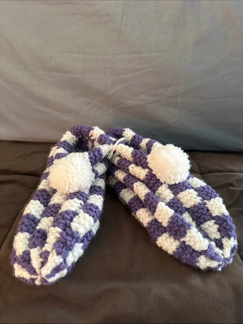 Purple & White Checkered Crochet Slippers with Pom-Poms - Kids Size 12-13